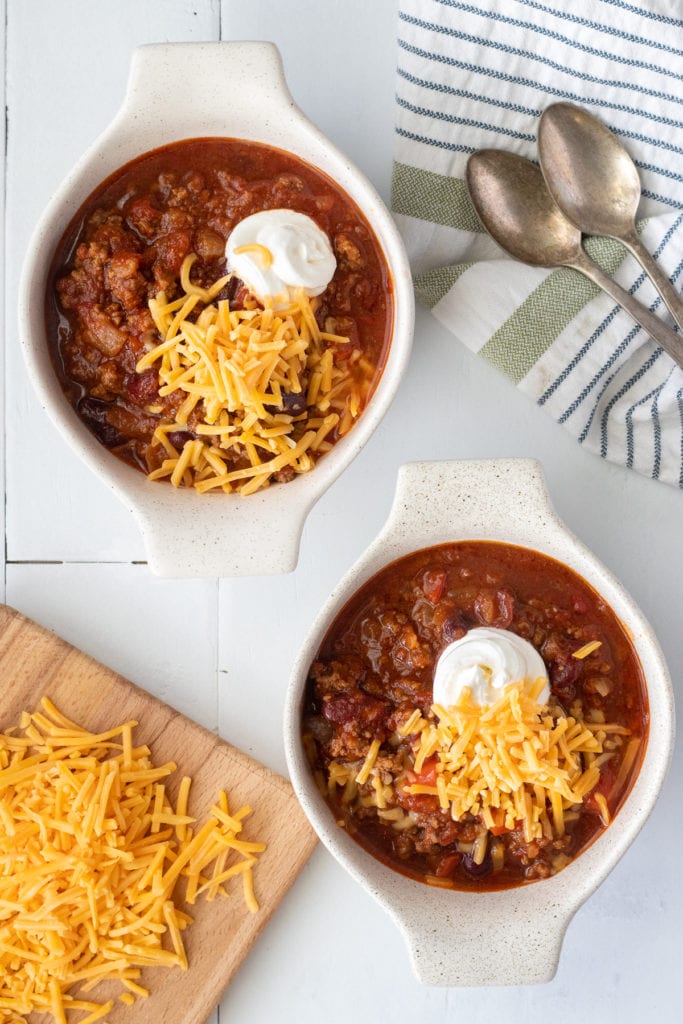 Healthy beef and bean chili is a weeknight staple at our house. It's simple to make and loaded with protein and fiber and it's super filling! Make ahead and freezer friendly too. 