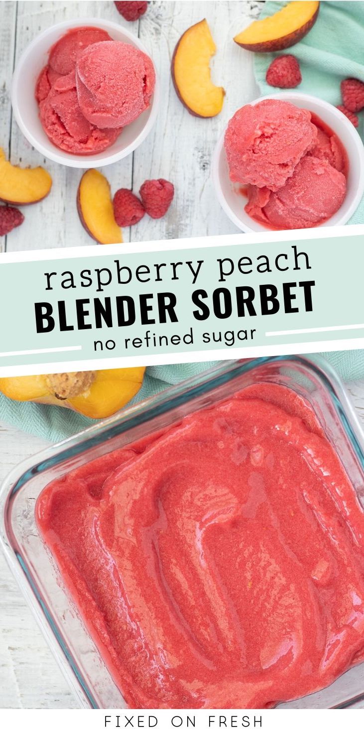 How to make fresh fruit sorbet using only a blender or a food processor. 3 ingredients are all you need to make this no refined sugar raspberry peach sorbet. 
