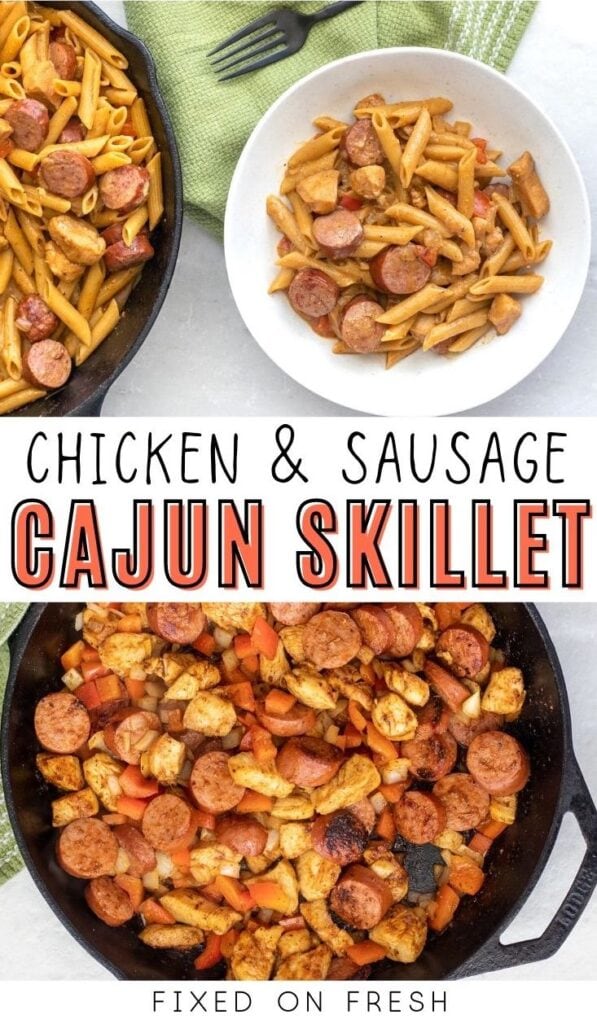 How to make a quick cajun chicken and sausage pasta dinner in one skillet in under 30 minutes. Perfect for a high protein meal prep or a weeknight dinner for the family. 