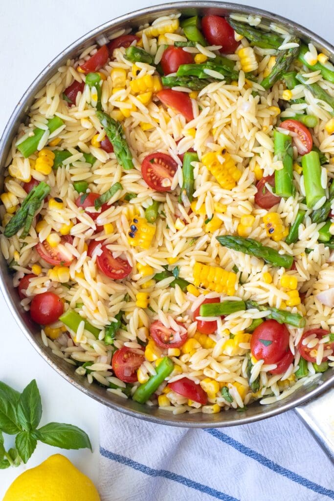 Finish the orzo salad all in the same skillet with the veggies. 