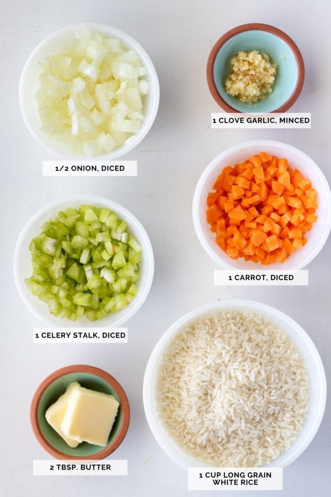 Ingredients needed for this recipe: diced onions, minced garlic, diced celery, diced carrots, butter and long grain white rice. 
