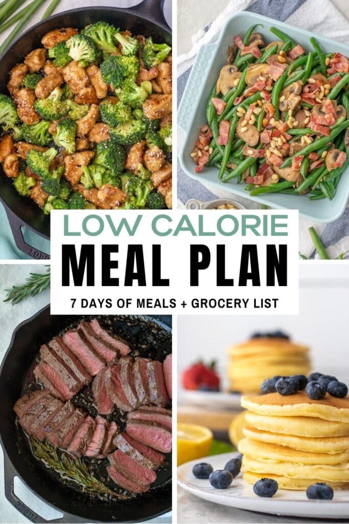 7-day low calorie meal plan with breakfasts, lunches, dinners and snack ideas including a printable grocery list. 