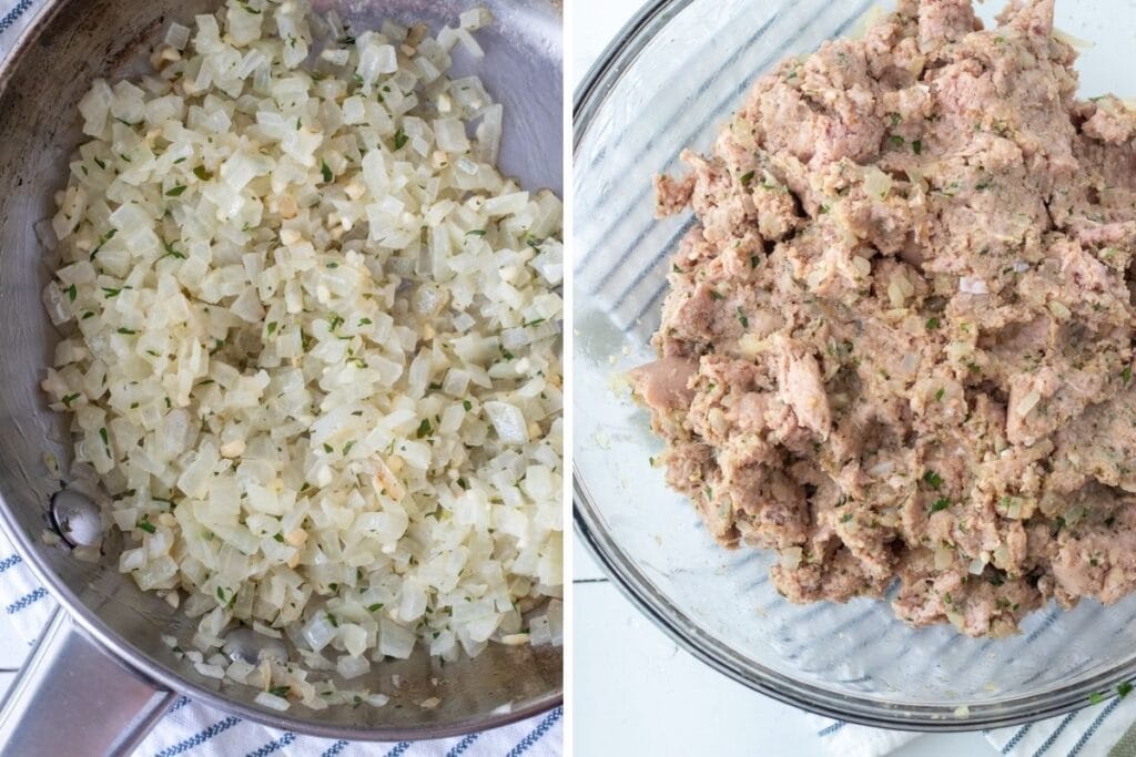 Saute onions, garlic and thyme together then combine it with the other meatloaf ingredients after it's cooled. 