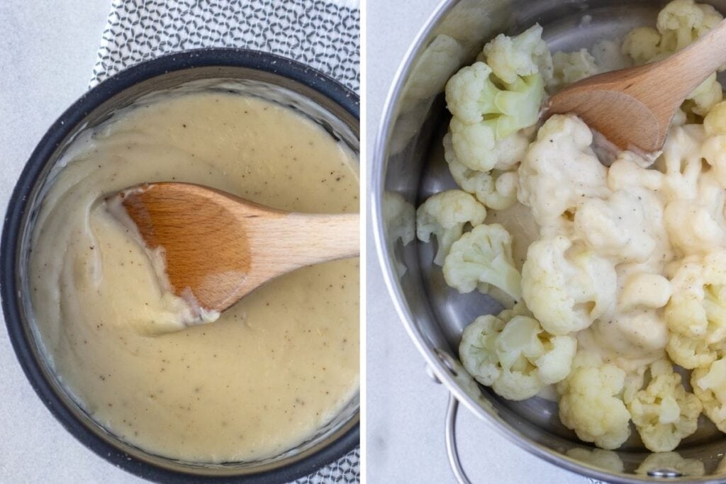 The cheese sauce and coating the cauliflower. 