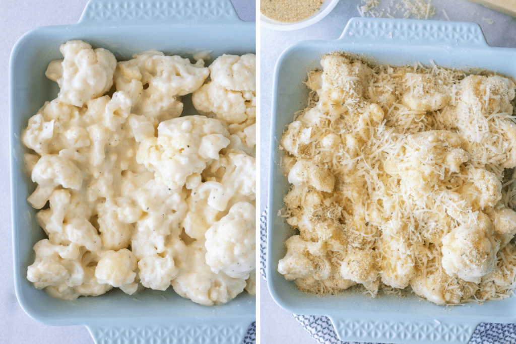 Cauliflower before and after the topping are added in the dish. 