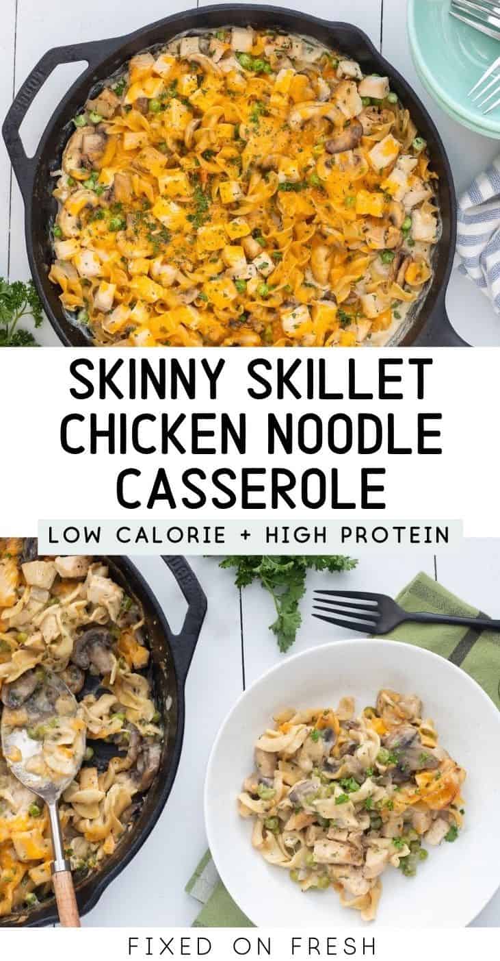 A healthy chicken noodle casserole all made in one pot! Loaded with mushrooms, peas, onion, with less than 500 calories, high in protein, and no canned soup in the mix!