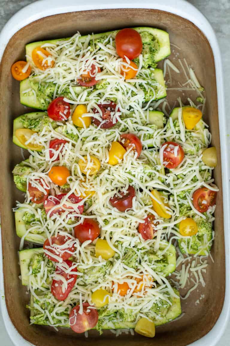 Pesto Chicken Zucchini Boats with Cherry Tomatoes
