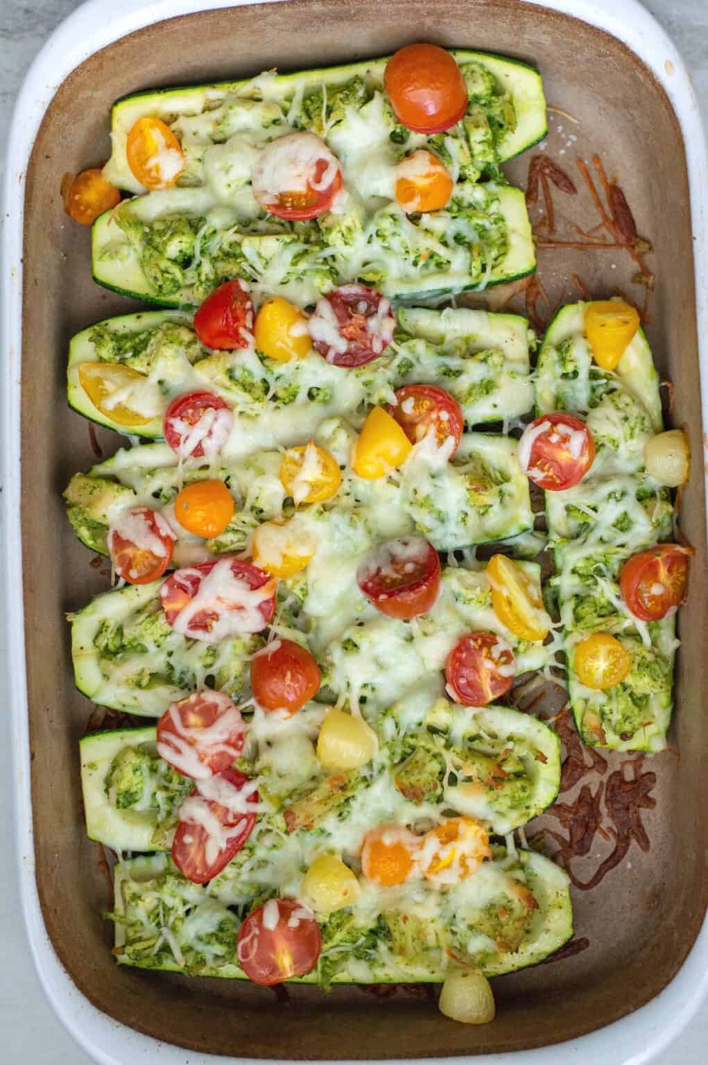 Pesto Chicken Zucchini Boats with Cherry Tomatoes