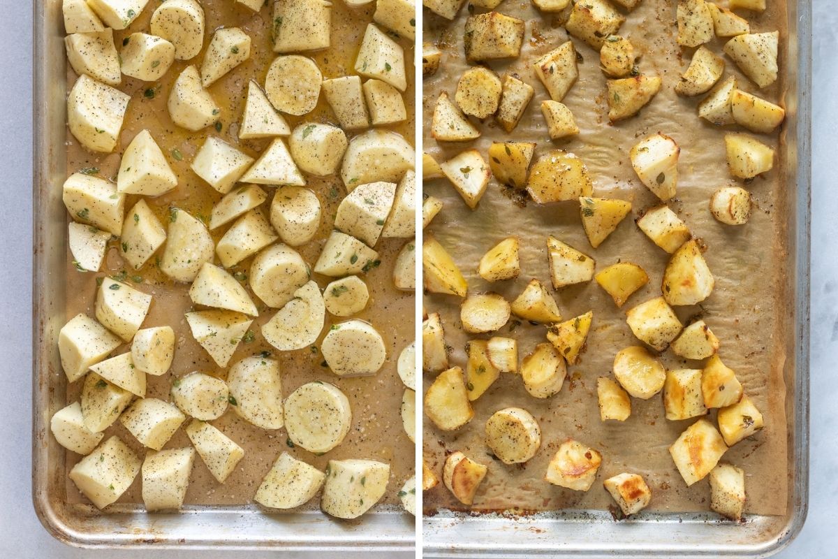 Spread the parsnips on a baking sheet and bake
